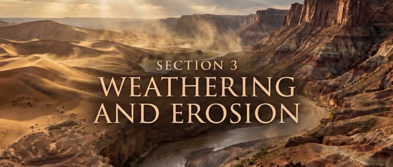 A cinematic in-film section title card reading 'Weathering and Erosion'.