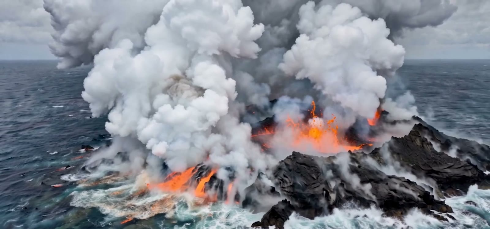 A cinematic scene of a volcanic island erupting from the ocean.